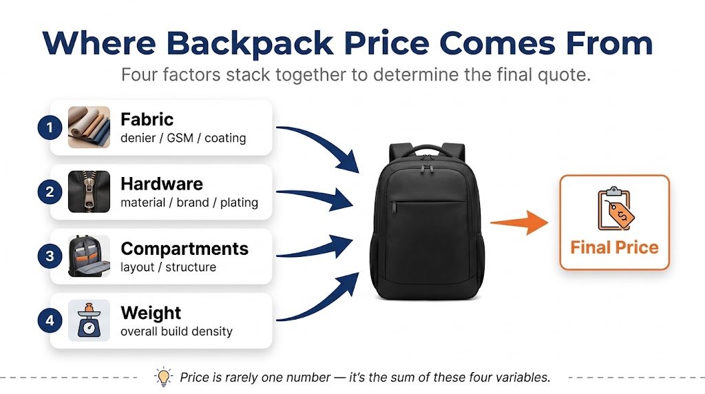 Infographic showing how fabric, hardware, compartments, and weight each drive custom backpack pricing