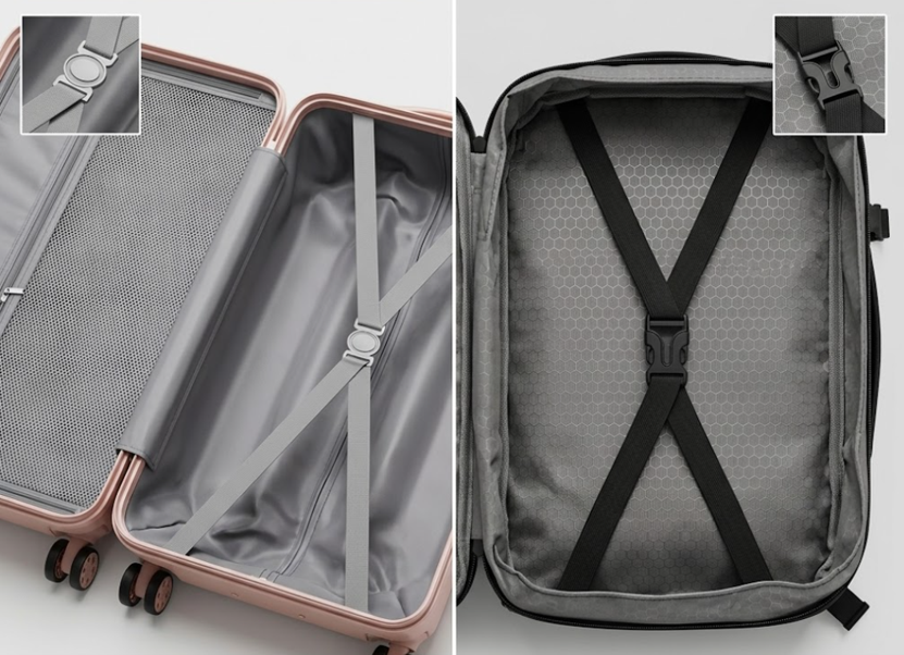 Internal X-strap compression system inside backpack main compartment