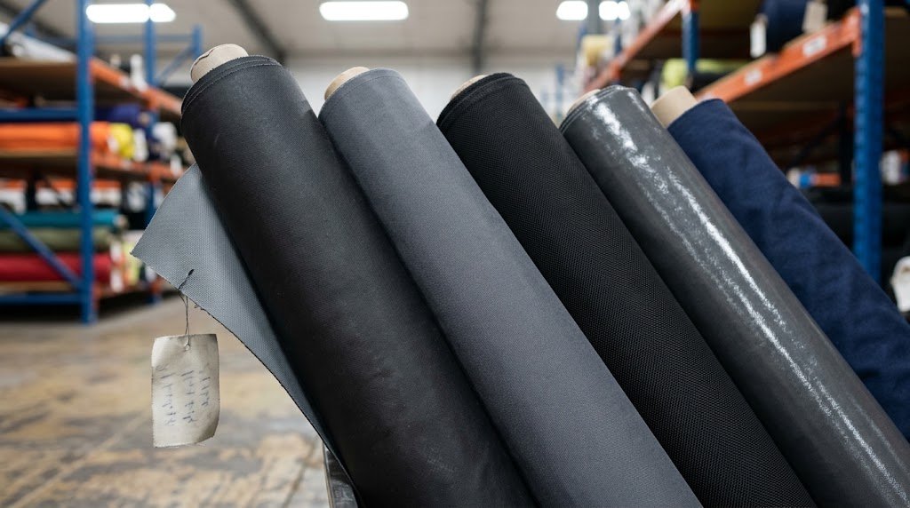 Rolls of Oxford fabric in different deniers and coatings used in custom backpack manufacturing