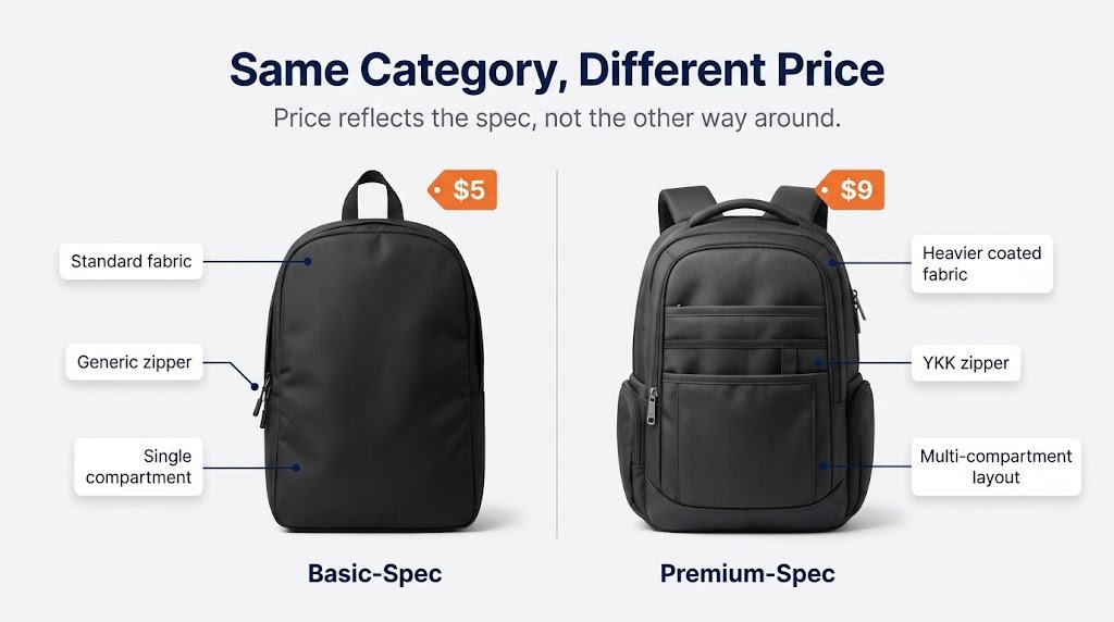 Side-by-side comparison of a basic-spec versus premium-spec custom business backpack showing price-driving differences