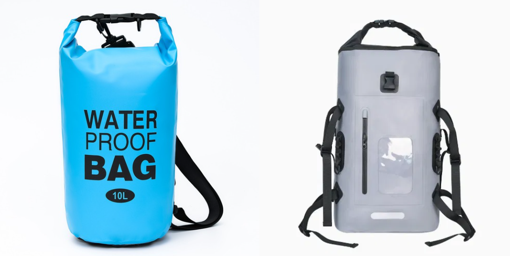 Single-strap 10L custom dry bag next to a dual-strap backpack-style custom dry bag, showing the two main capacity and carry configurations
