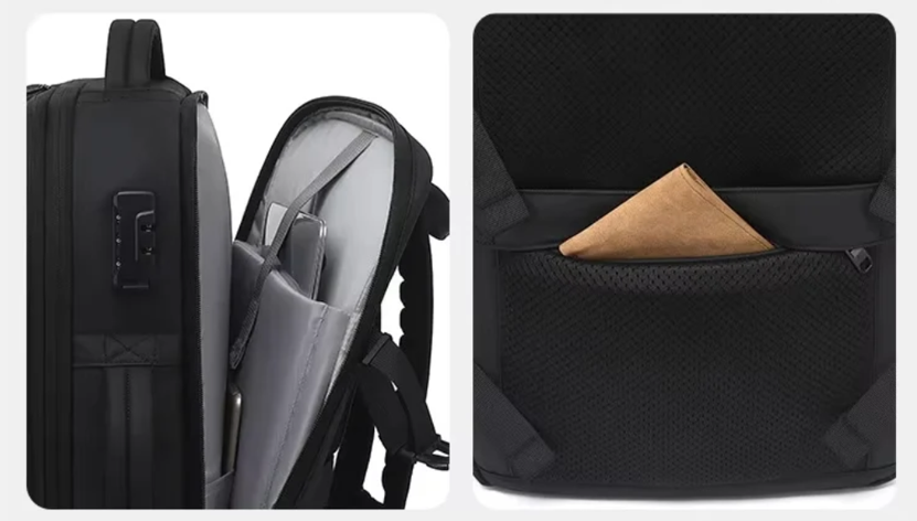 TSA-style 3-digit combination lock integrated into backpack main pocket and RFID pocket