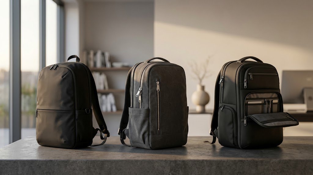 Custom business backpack cost comparison — three backpacks with different hardware and compartment configurations