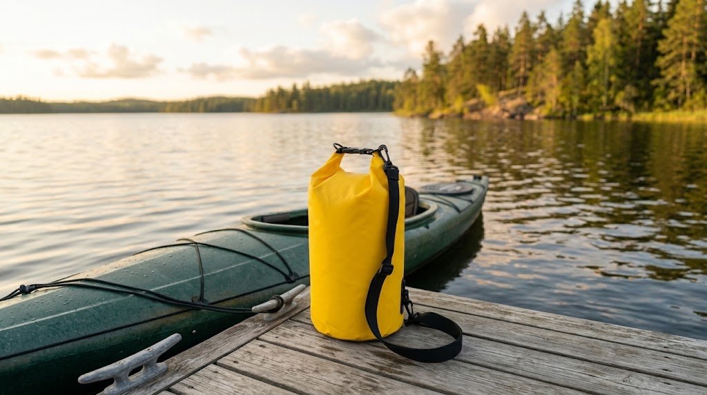 Custom dry bag manufacturer product photo showing navy blue roll-top dry bag secured to a kayak deck in an outdoor water setting
