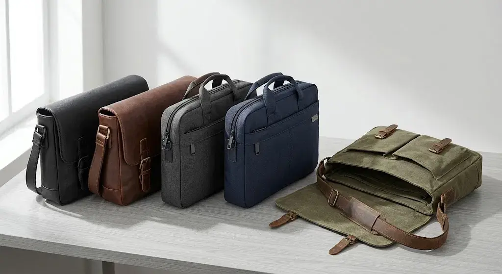 Custom messenger bags and briefcases in PU leather, Oxford fabric, and canvas materials