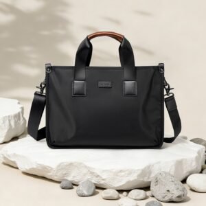 Water-Repellent Nylon Briefcase with Wooden Handle