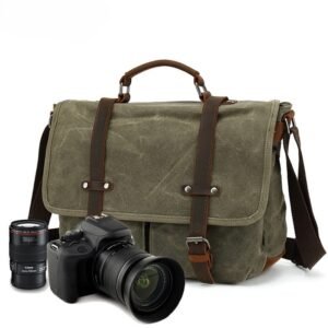 Vintage Waxed Canvas Messenger Bag with Leather Trim