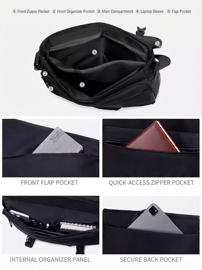 Water-Repellent Nylon Messenger Bag with Laptop Sleeve