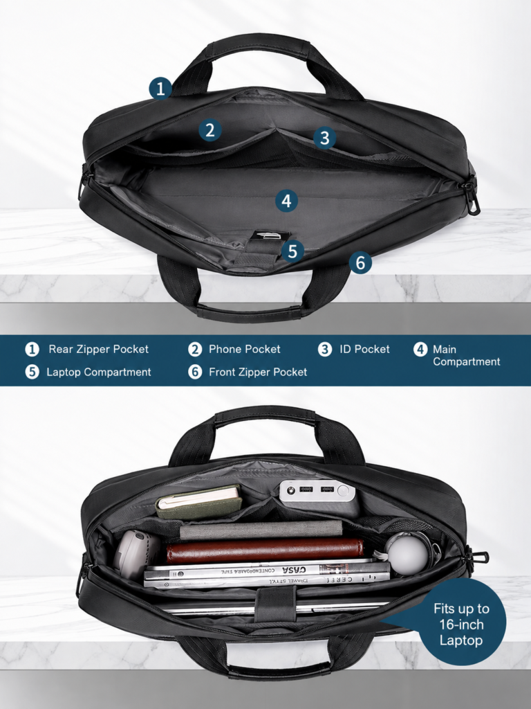 Water-Repellent Multi-Compartment Business Laptop Briefcase