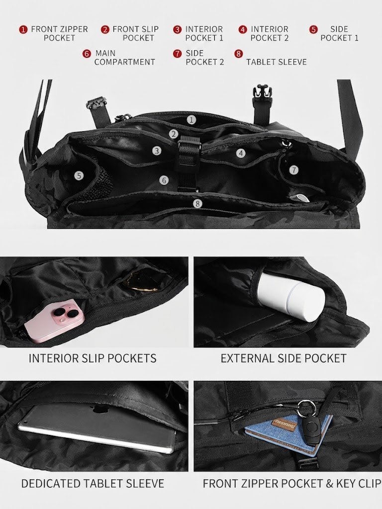 Anti-Theft Camo Nylon Messenger Bag with Tablet Sleeve