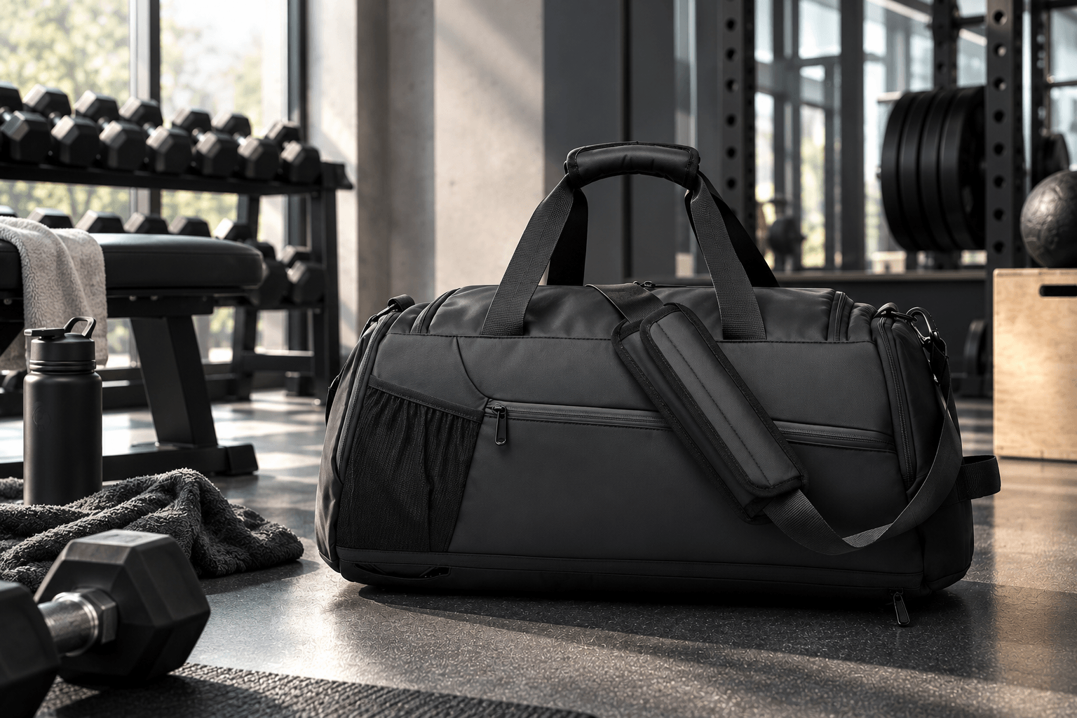 Black oxford polyester gym duffel bag with mesh bottle pocket and zippered front pocket