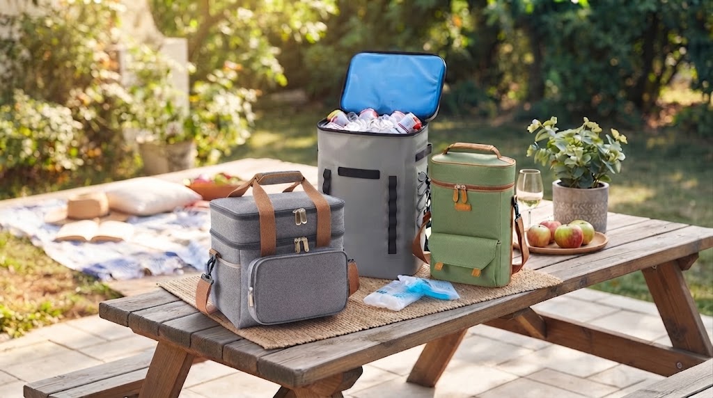 Custom cooler bags product lineup on an outdoor picnic table — insulated cooler backpack filled with drinks, double-compartment lunch cooler bag, and wine bottle tote bag showing different capacity and construction options