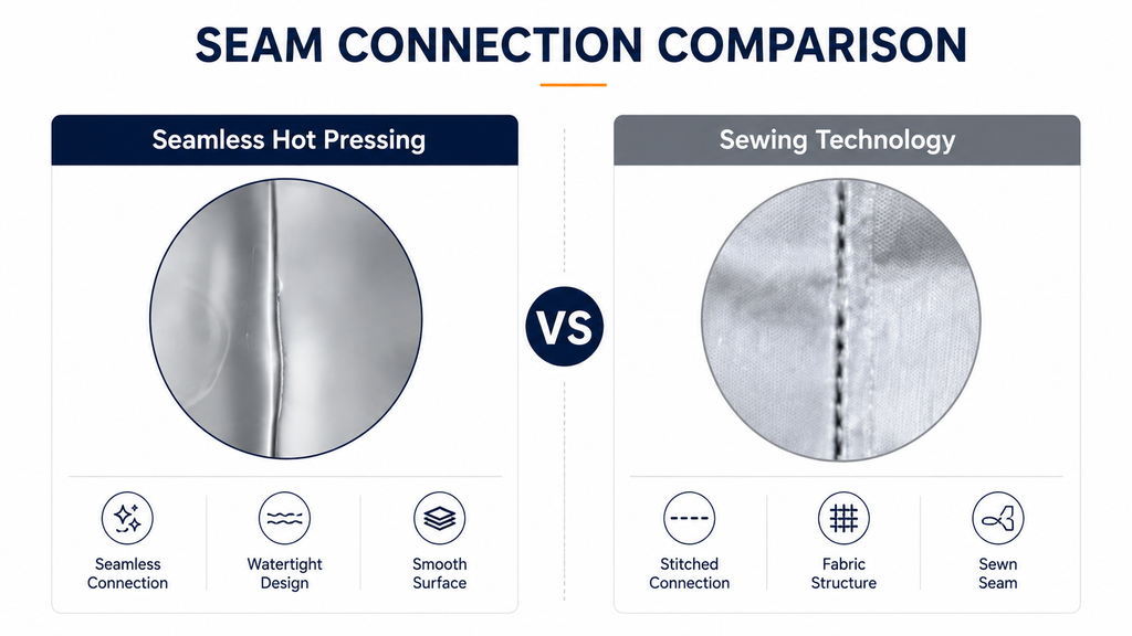 Custom cooler bags seam comparison — seamless TPU hot-pressed welding versus traditional sewn stitching, showing the leakproof construction difference that drives price between tiers