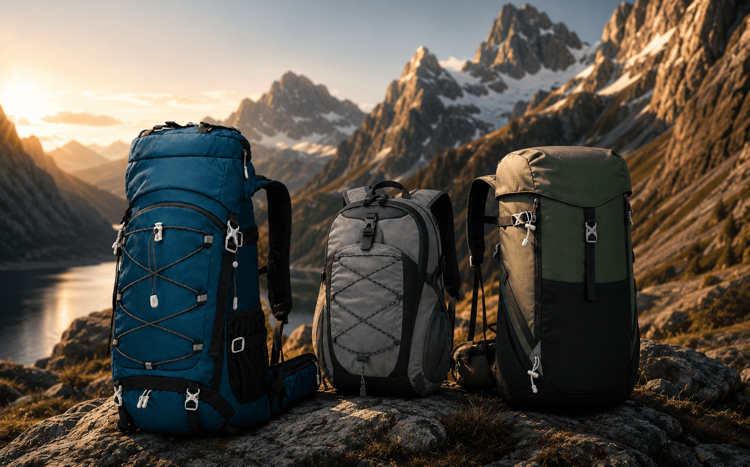 Custom hiking bags in three capacity tiers — foldable 20-37L day pack, 50L Oxford midsize pack, and 65L+ multi-day nylon trekking backpack