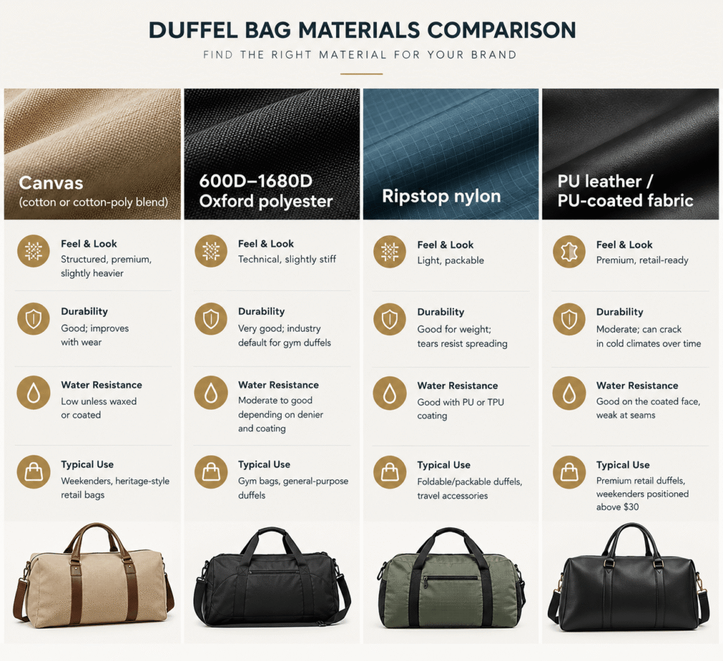 Duffel bag materials comparison chart: canvas, 600D-1680D oxford polyester, ripstop nylon, and PU leather compared by durability and water resistance