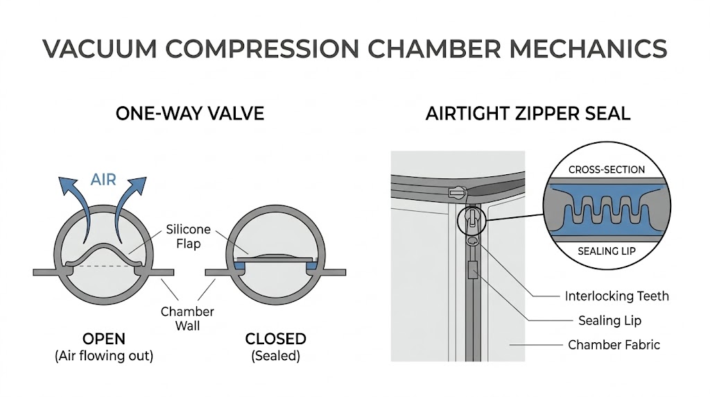 How the one-way valve and airtight zipper seal work in a travel vacuum compression backpack