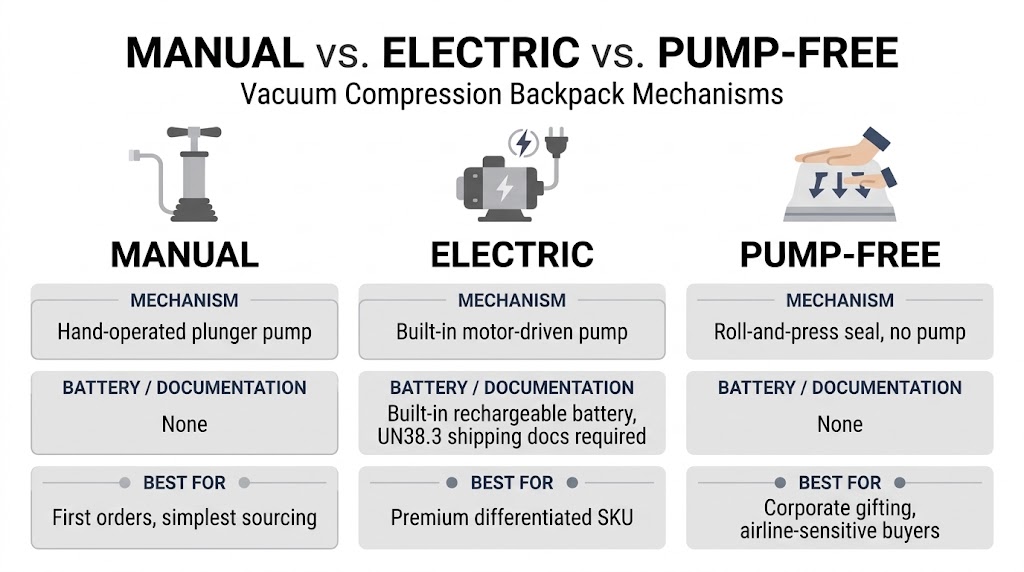 Manual, electric, and pump-free travel vacuum compression backpack mechanisms compared