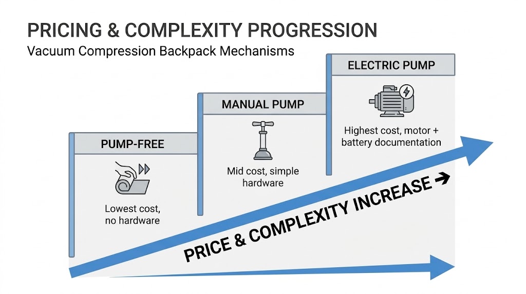 Pricing and complexity increase from pump-free to manual to electric vacuum compression backpack mechanisms