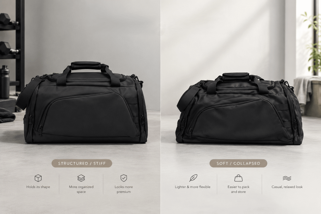 Side-by-side comparison of structured stiff-fabric duffel bag versus soft collapsed duffel bag