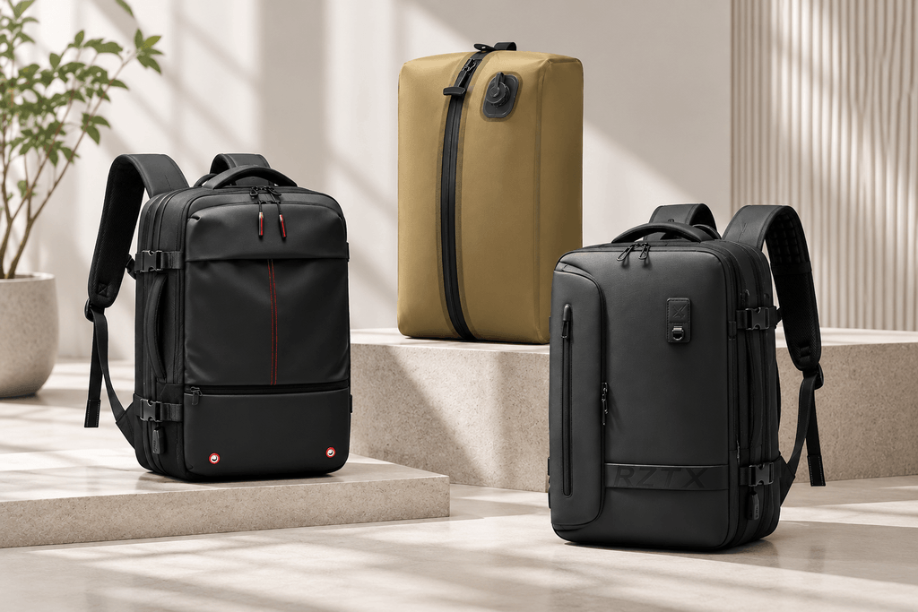 Travel vacuum compression backpack lineup — manual, electric, and pump-free models