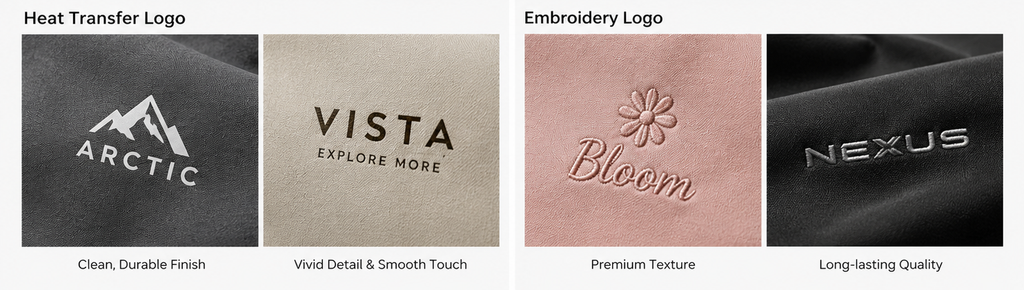 custom casual backpack heat transfer versus embroidery logo branding comparison