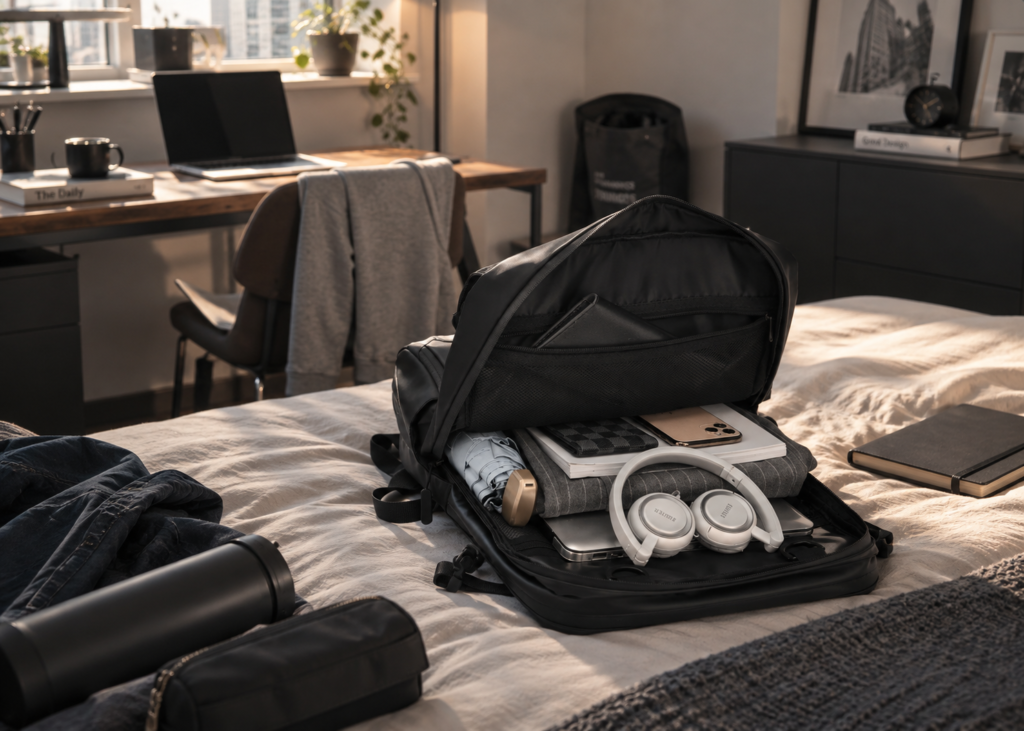 custom casual backpack interior organization holding laptop and daily essentials
