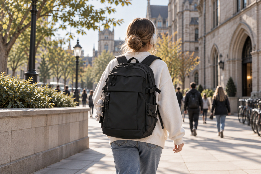 custom casual backpack manufacturer worn in everyday campus commuter setting