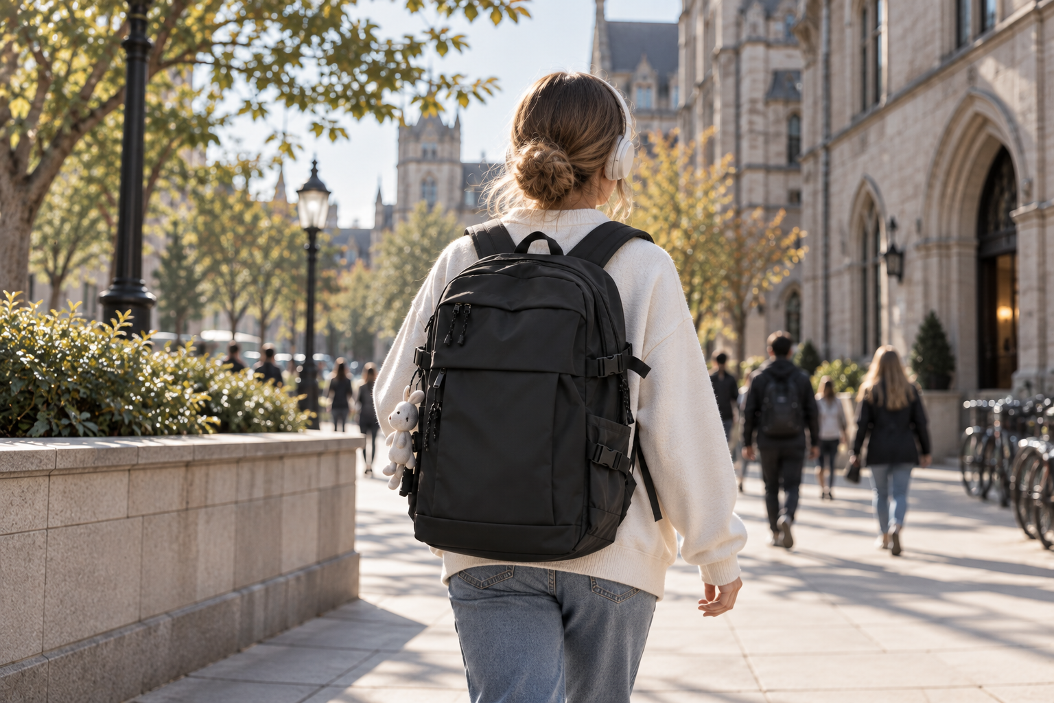 custom casual backpack manufacturer worn in everyday campus commuter setting