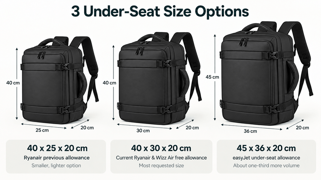 40x25x20 vs 40x30x20 vs 45x36x20 cabin backpack size comparison