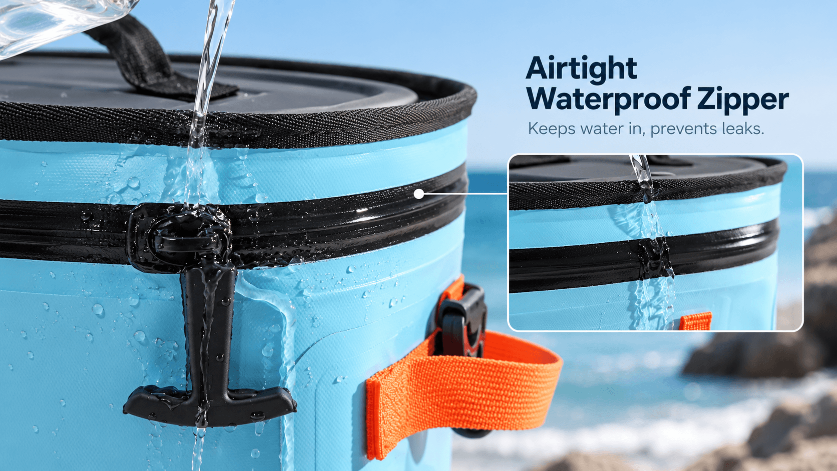 Airtight waterproof zipper on a blue TPU leakproof cooler bag, water poured over the closed zipper without getting in
