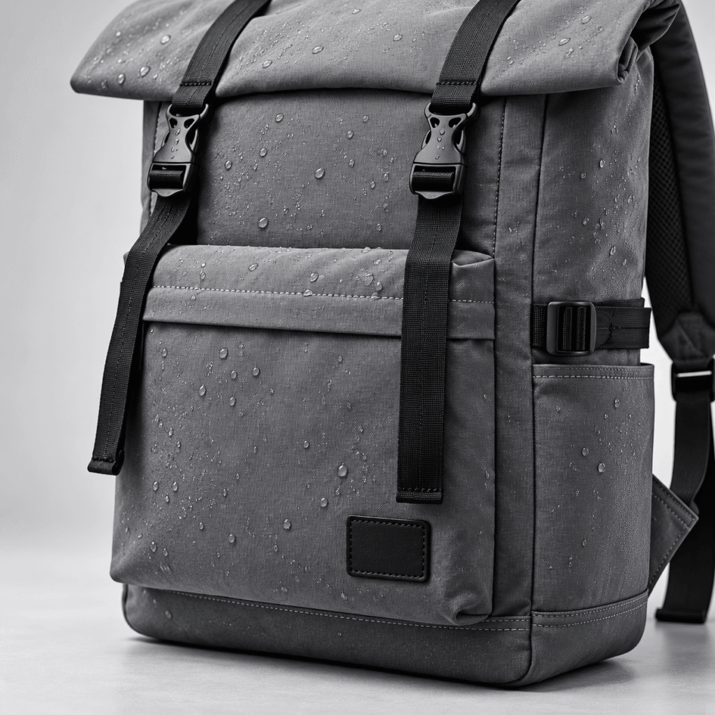Close-up of front zip pocket on a splash-proof roll top backpack