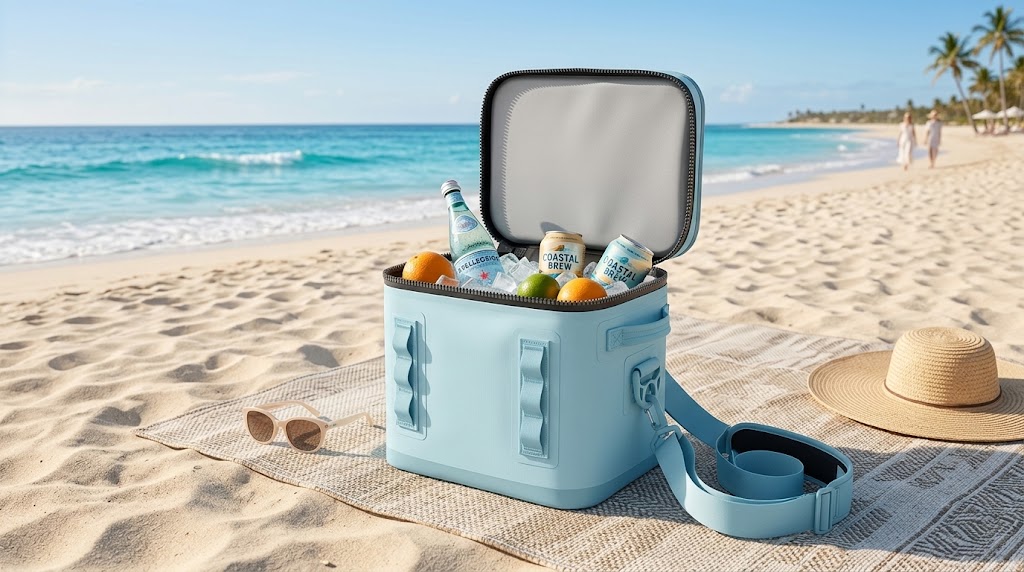 Leakproof cooler bag in light blue welded TPU, open on a sunny beach with ice, canned drinks and fruit inside