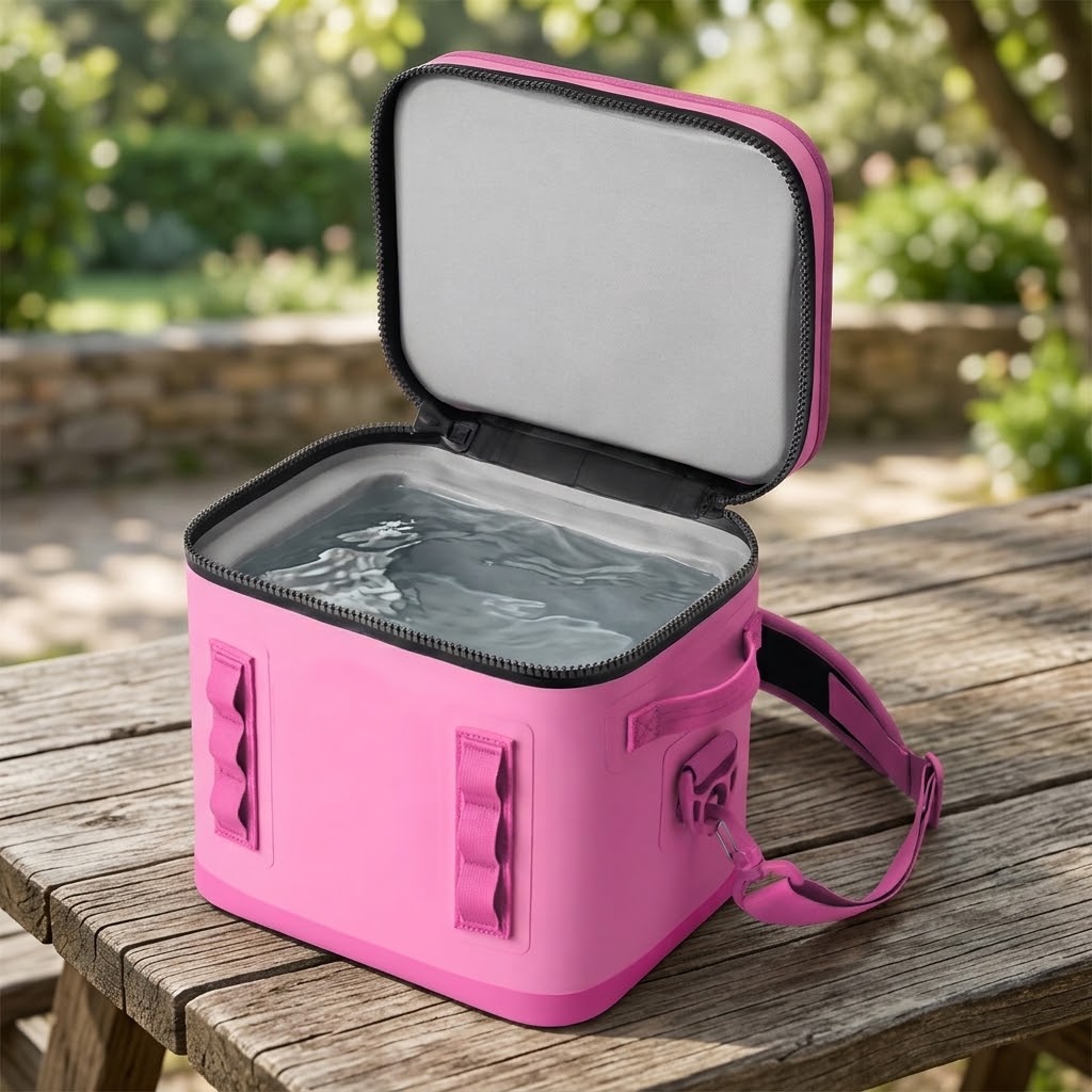 Pink TPU leakproof cooler bag filled with water during a leak test, open on a wooden picnic table
