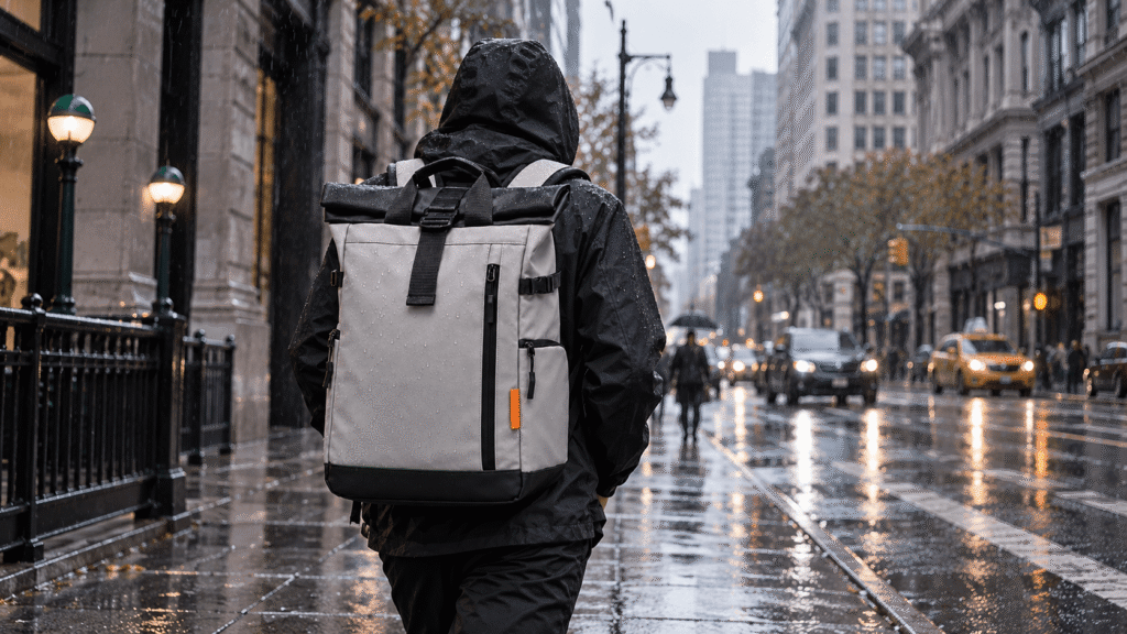 Roll top backpack manufacturer sample light grey splash-proof roll-top commuter backpack with black rolled collar and buckle strap, worn on a rainy city street