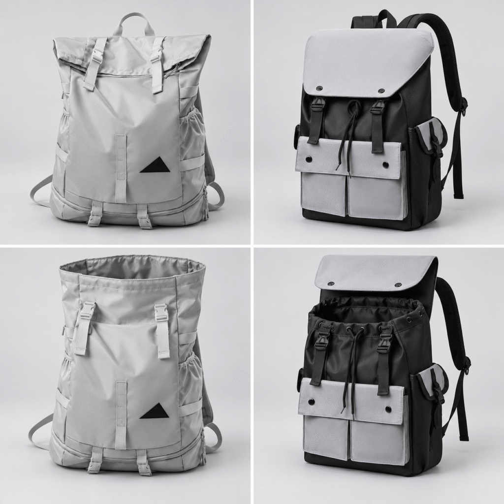 Roll top backpack versus flap backpack side by side, shown closed and open to compare closures