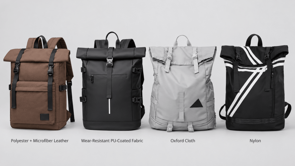 Roll top backpacks in four fabrics side by side polyester with microfiber leather, PU-coated fabric, Oxford cloth and nylon