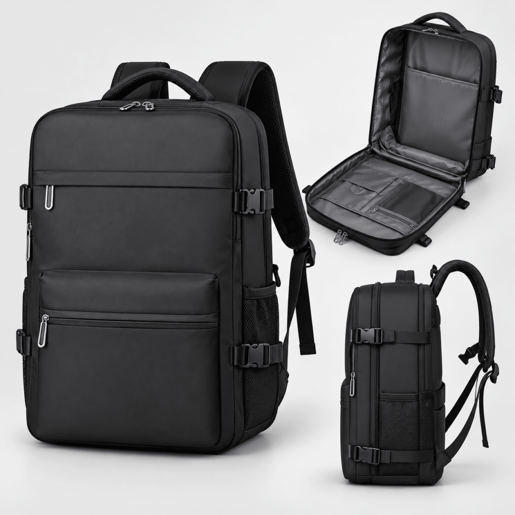 black 40x30x20 under-seat business backpack with clamshell opening and side view
