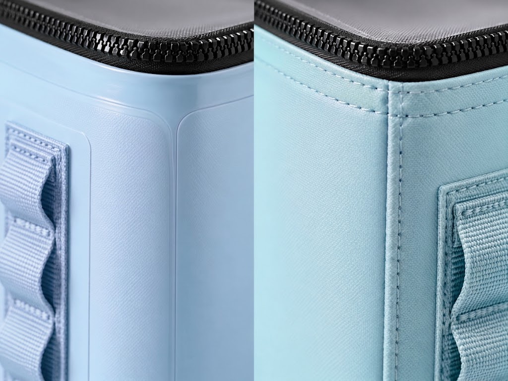 close-up of a welded TPU seam next to a stitched seam on a cooler bag