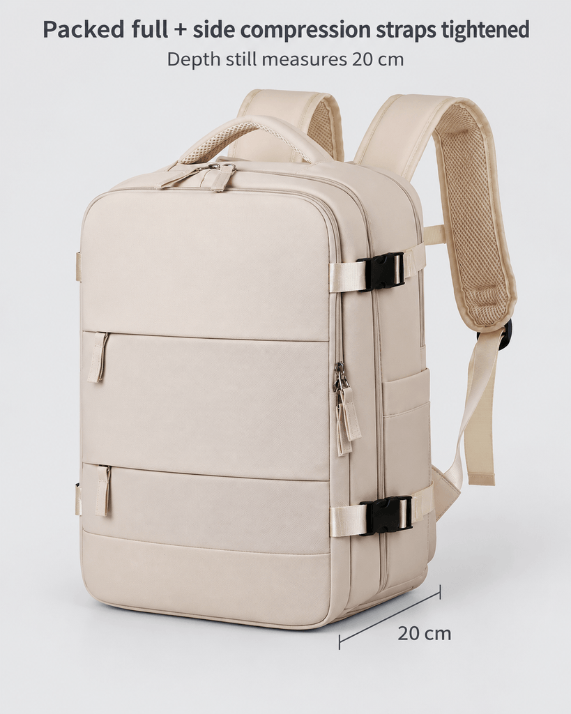 fully packed 40x30x20 cabin backpack with compression straps tightened