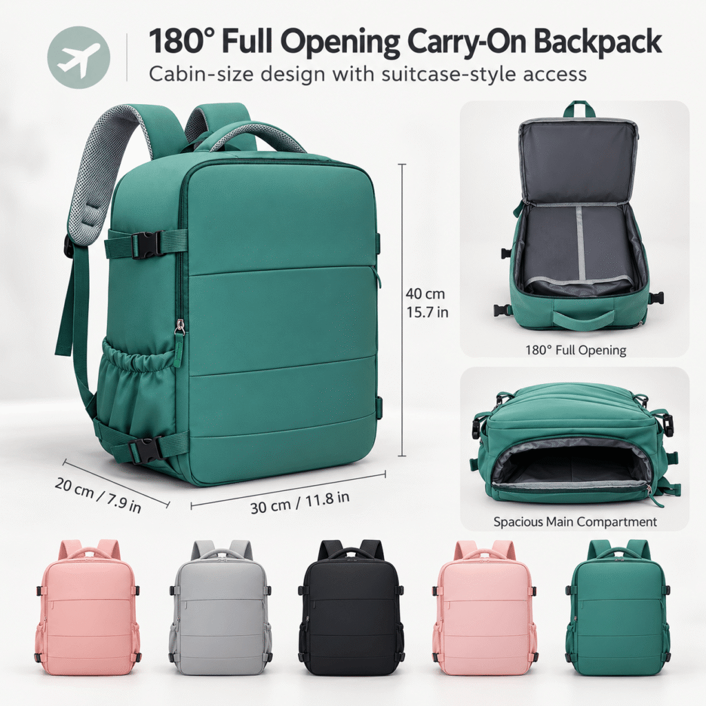 lightweight 180 degree full opening 40x30x20 cabin backpack in five colours
