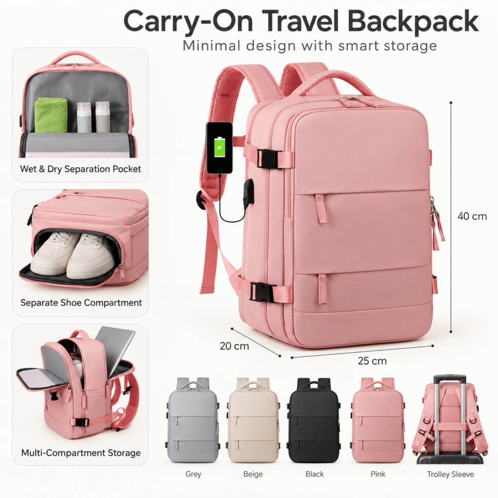 pink 40x25x20 cabin backpack with shoe compartment, wet and dry pocket and USB port