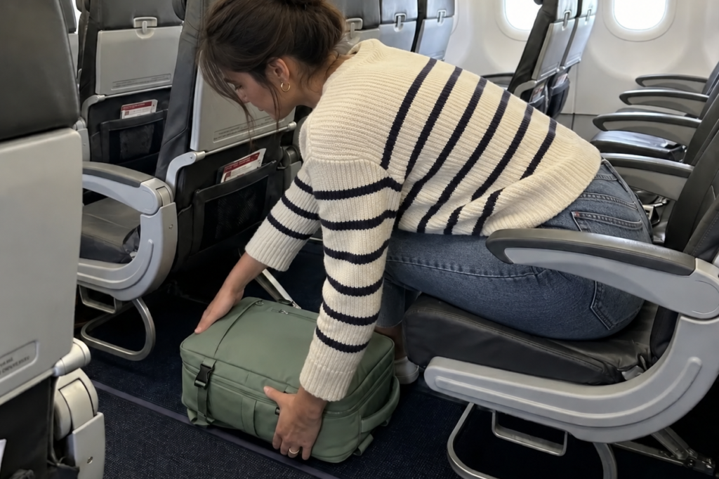 traveller sliding a 40x30x20 cabin backpack under the seat in front