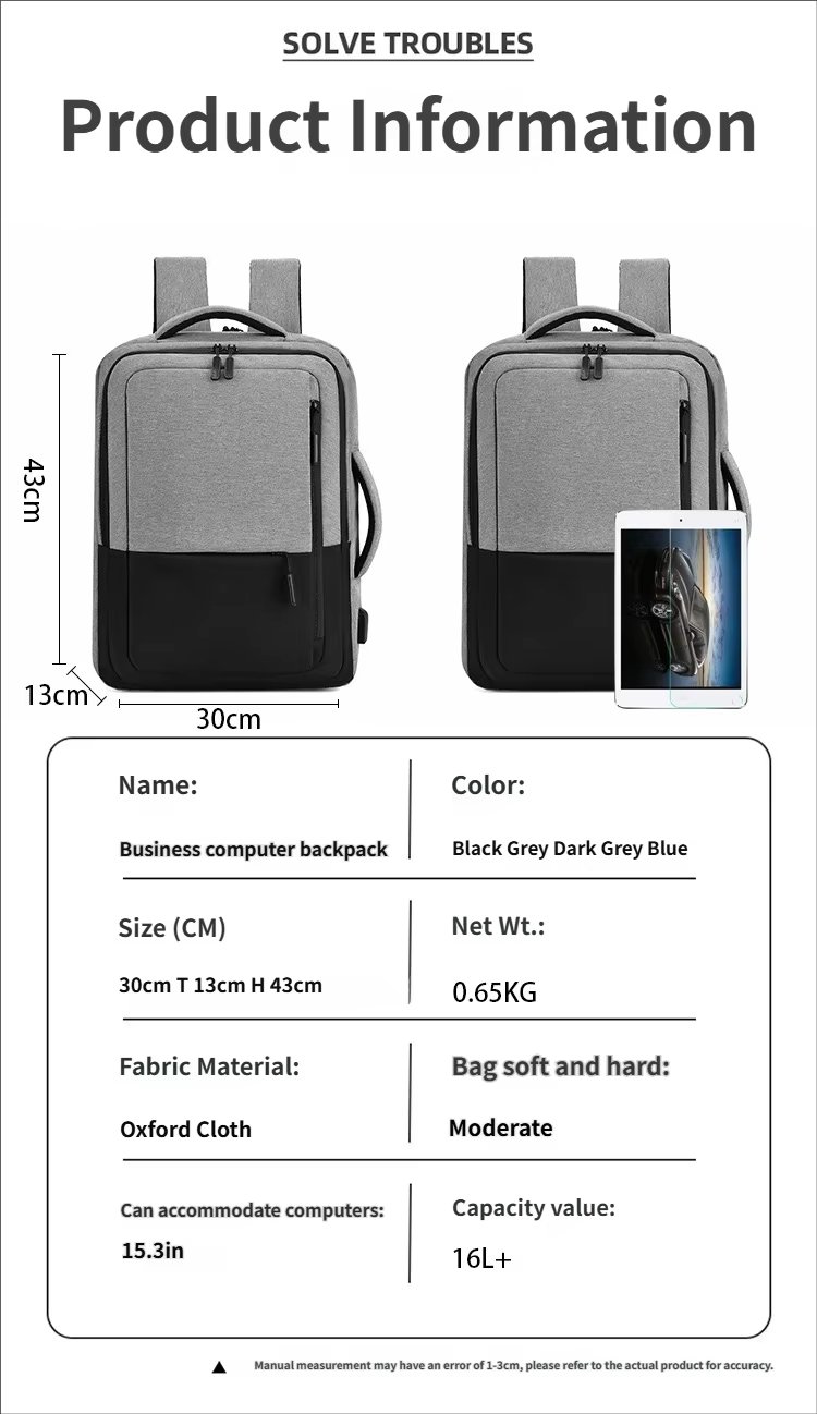Water-Resistant Lightweight USB Modern Business Oxford Laptop Backpack product detail