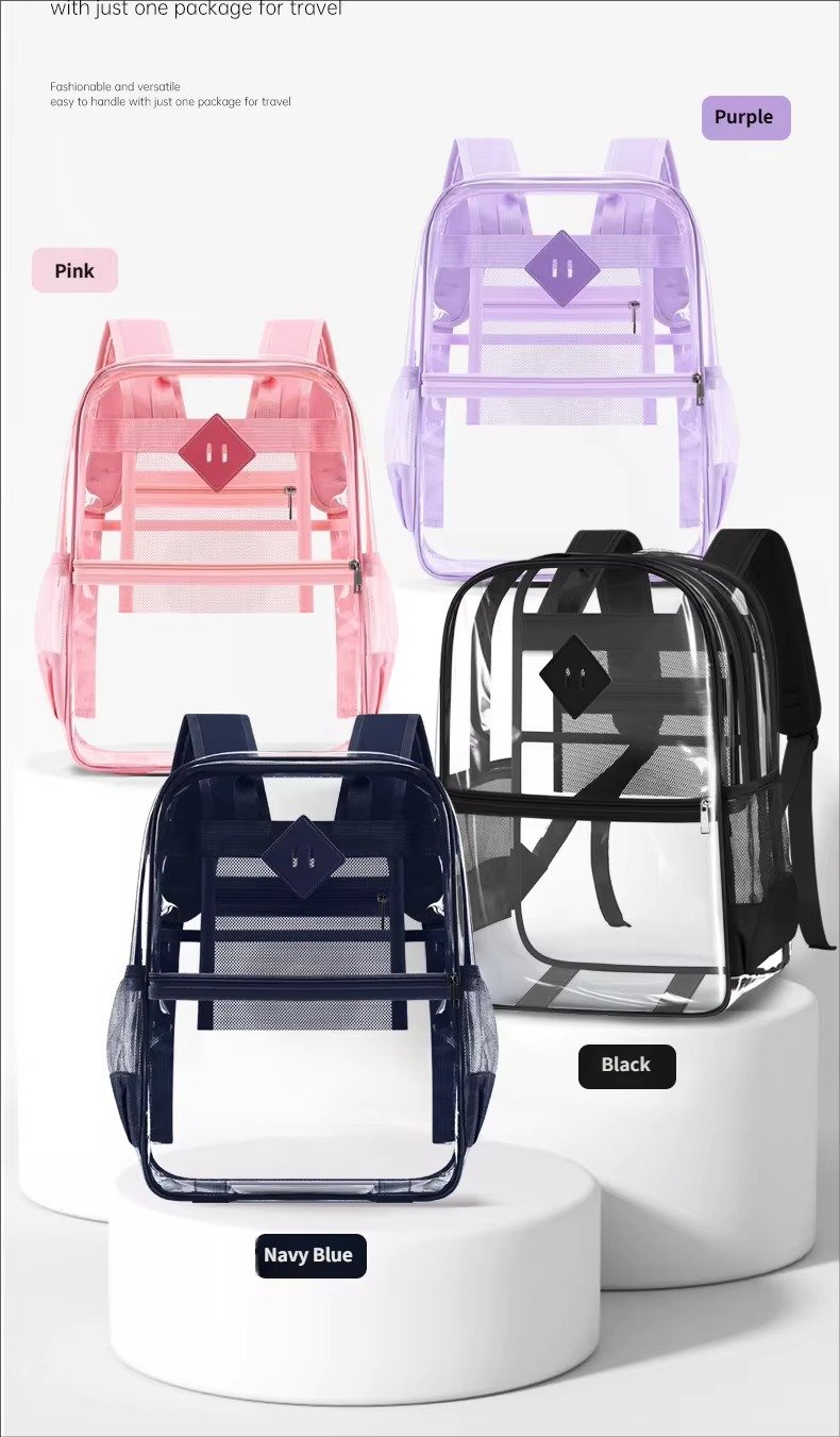Large Capacity Transparent PVC Backpack with Zipper Closure Waterproof Casual Jelly Bag Primary Secondary School Students Bags detail image