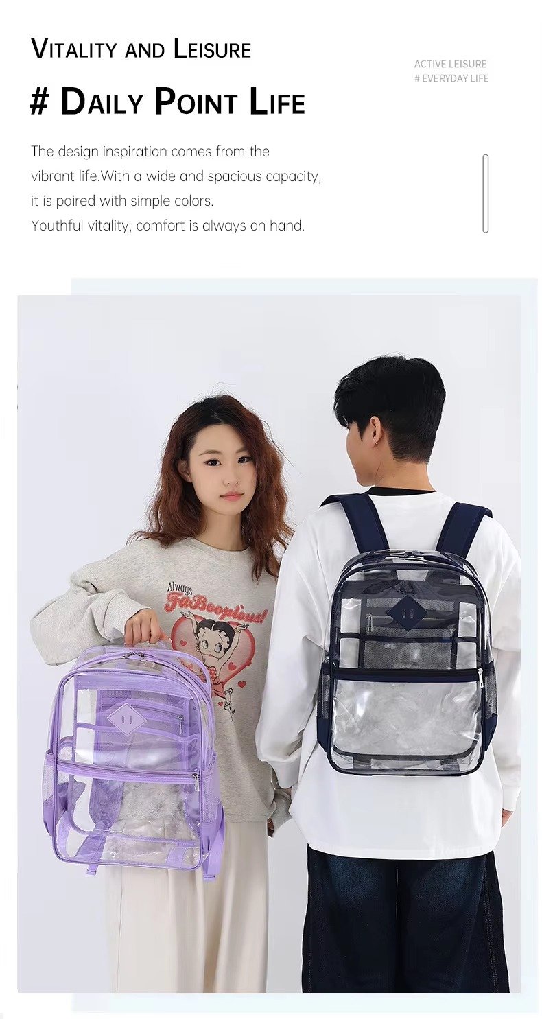 Large Capacity Transparent PVC Backpack with Zipper Closure Waterproof Casual Jelly Bag Primary Secondary School Students Bags detail image