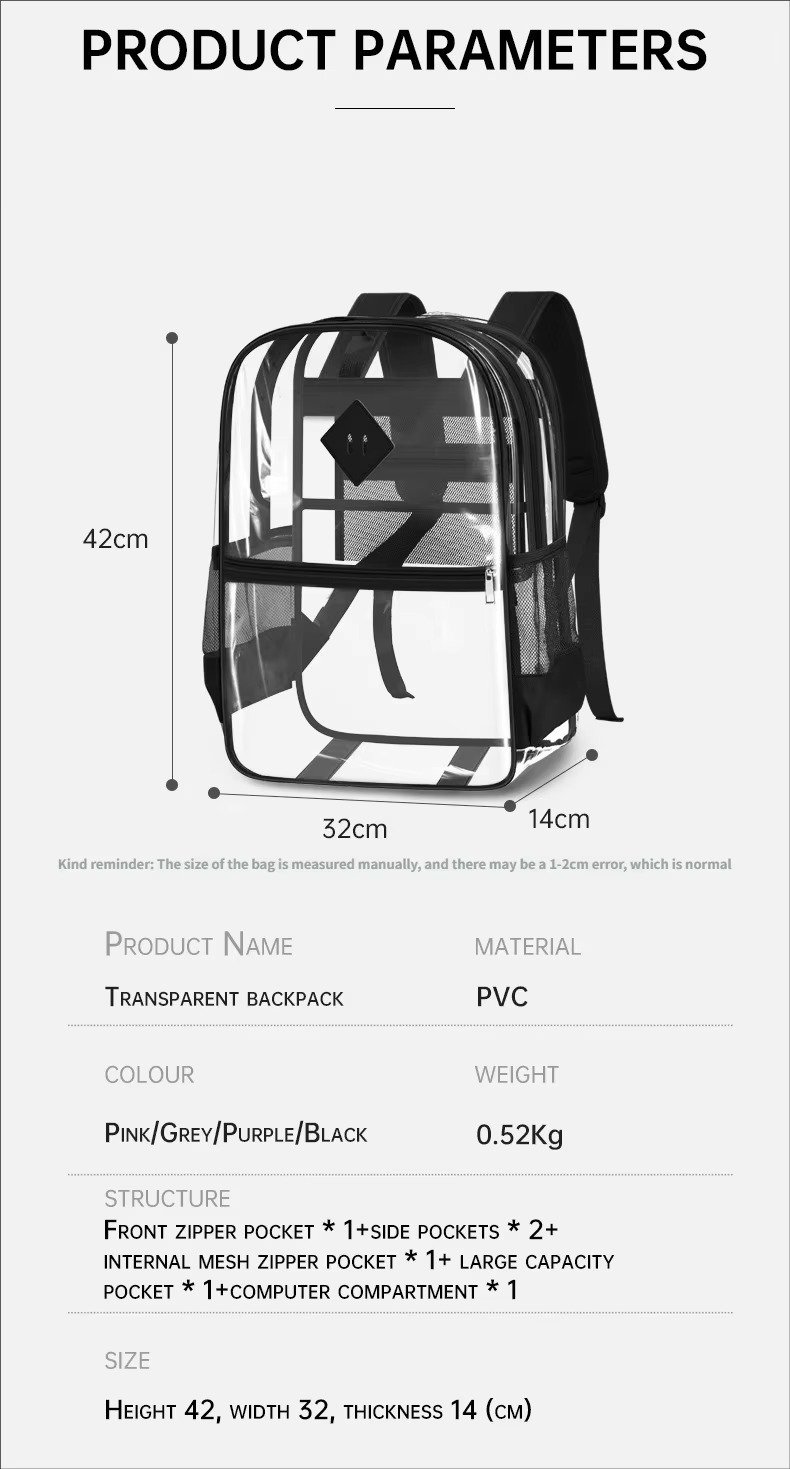 Large Capacity Transparent PVC Backpack with Zipper Closure Waterproof Casual Jelly Bag Primary Secondary School Students Bags detail image