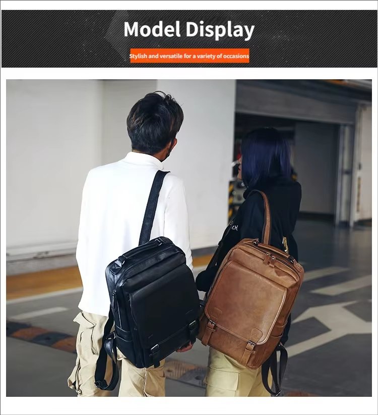 Water-Resistant Large Capacity Vintage Business Travel PU Leather Laptop Backpack product detail