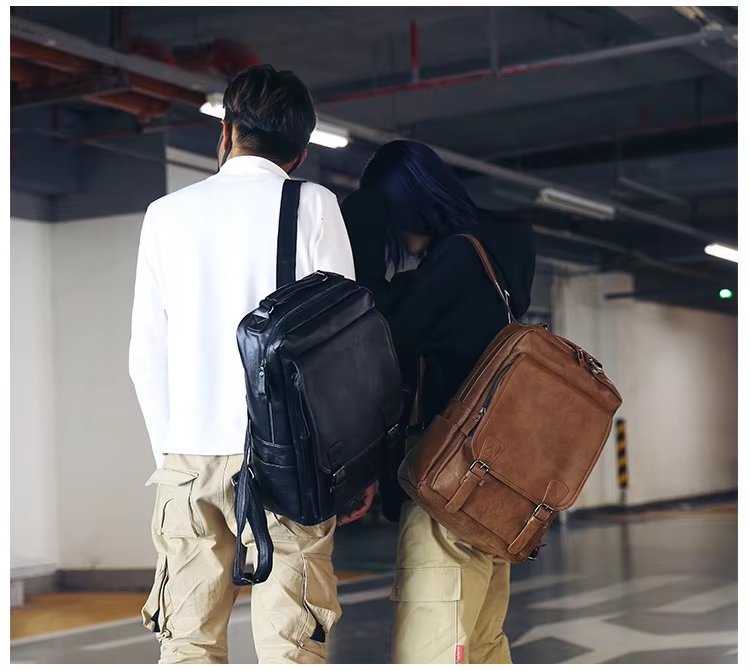Water-Resistant Large Capacity Vintage Business Travel PU Leather Laptop Backpack product detail