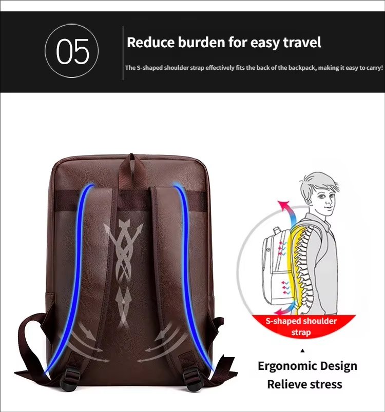 Water-Resistant Large Capacity Modern Business Travel PU Leather Laptop Backpack product detail