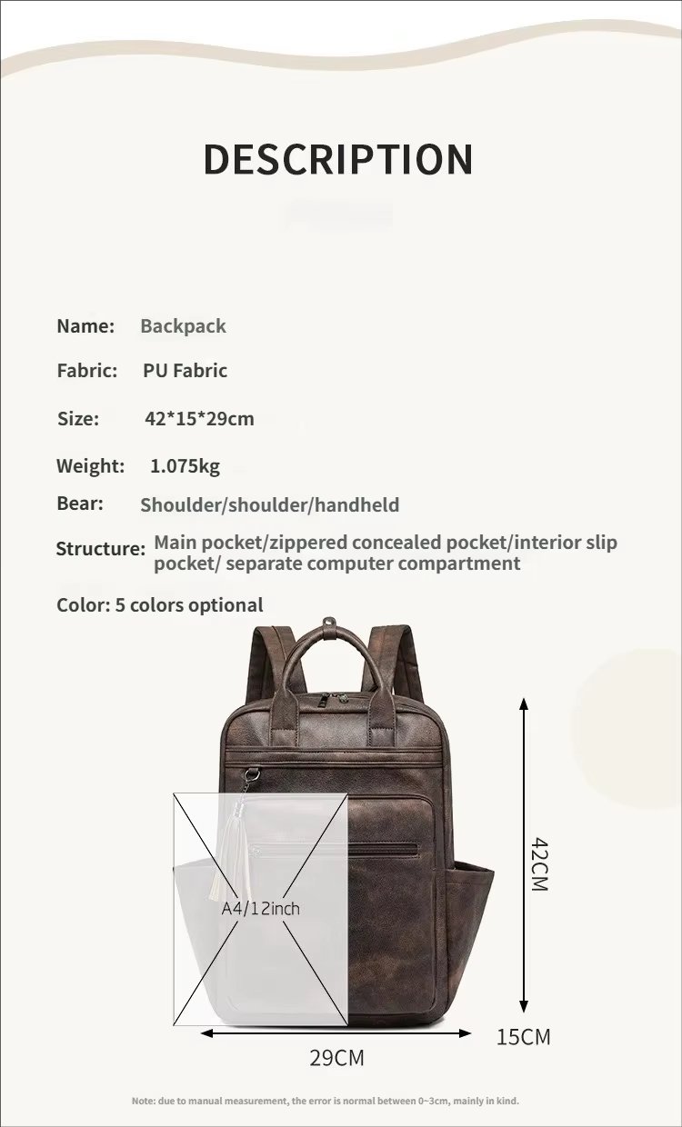 Vintage Business Travel School PU Leather Laptop Backpack product detail